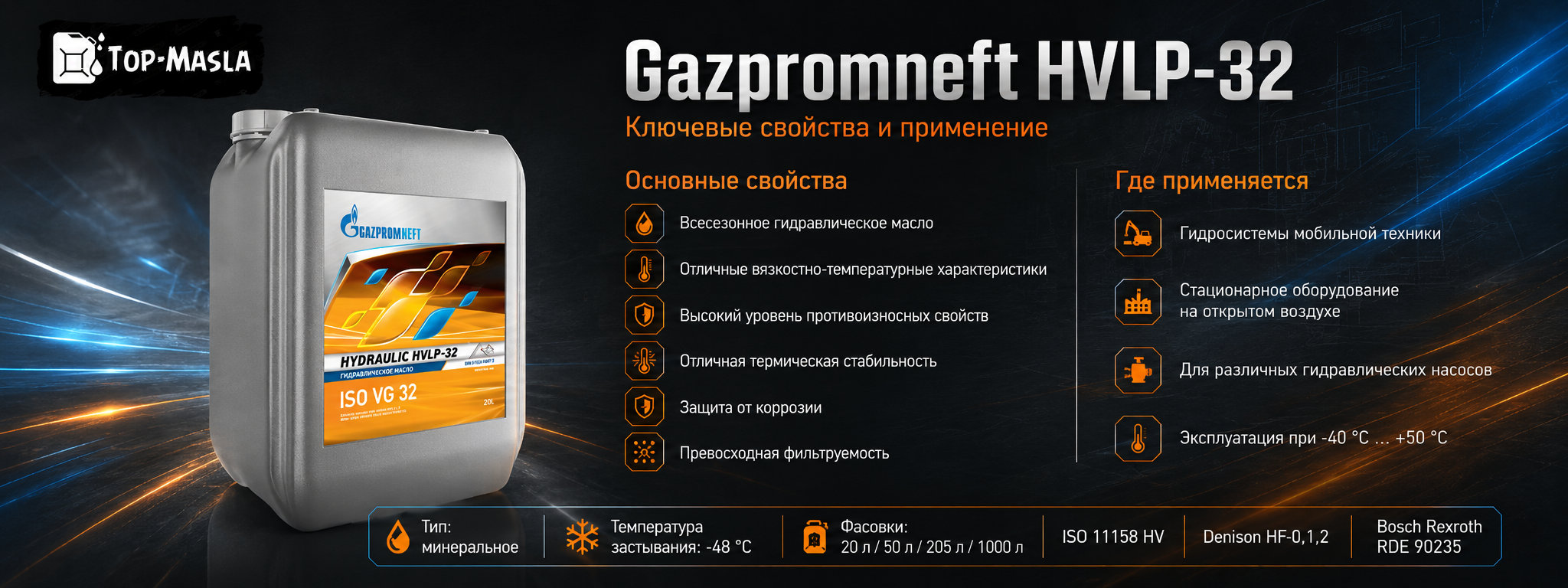Гидравлическое масло Gazpromneft Hydraulic HVLP-32 характеристики и применение