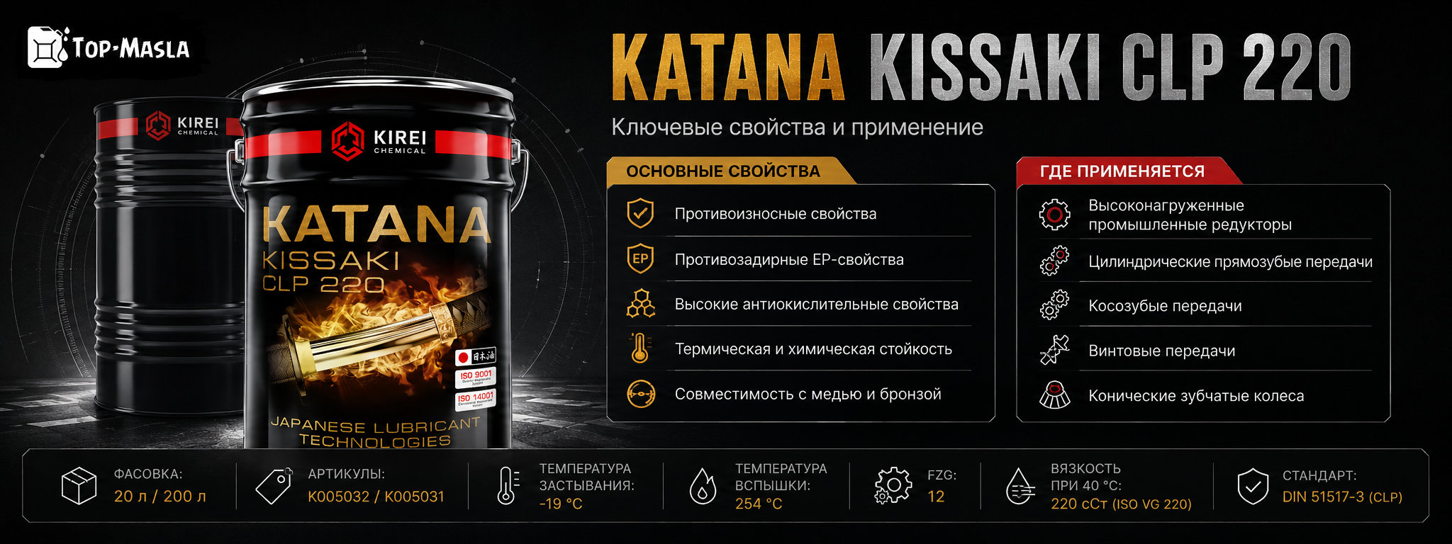 Редукторное масло KATANA KISSAKI CLP 220 характеристики и применение