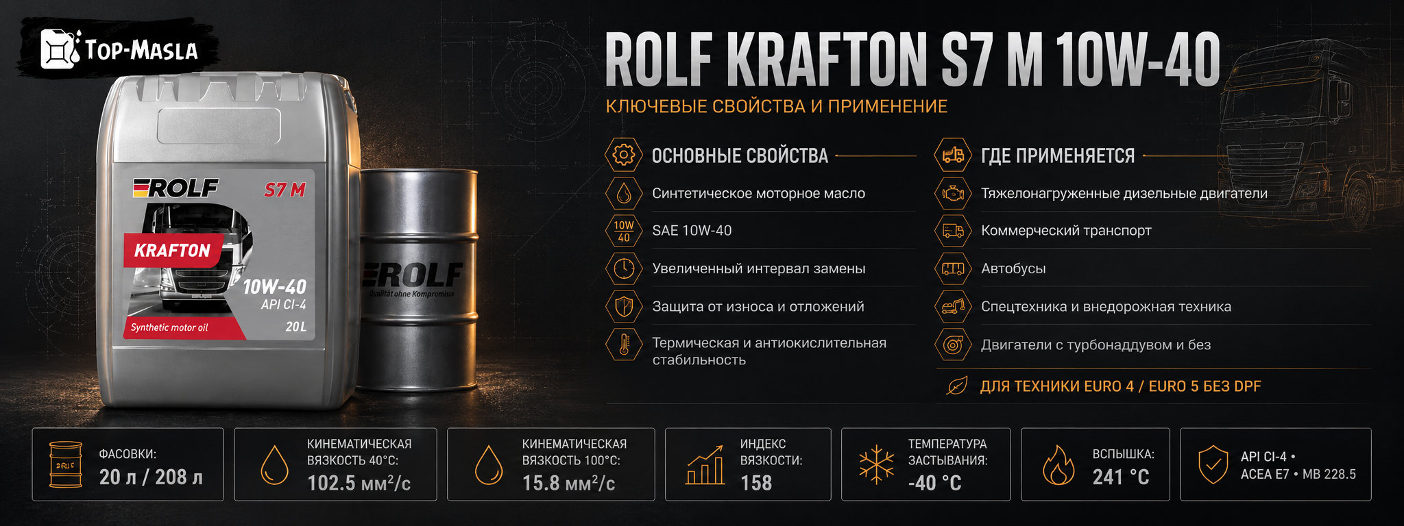 Моторное масло ROLF KRAFTON S7 M 10W-40 ACEA E4 характеристики и применение