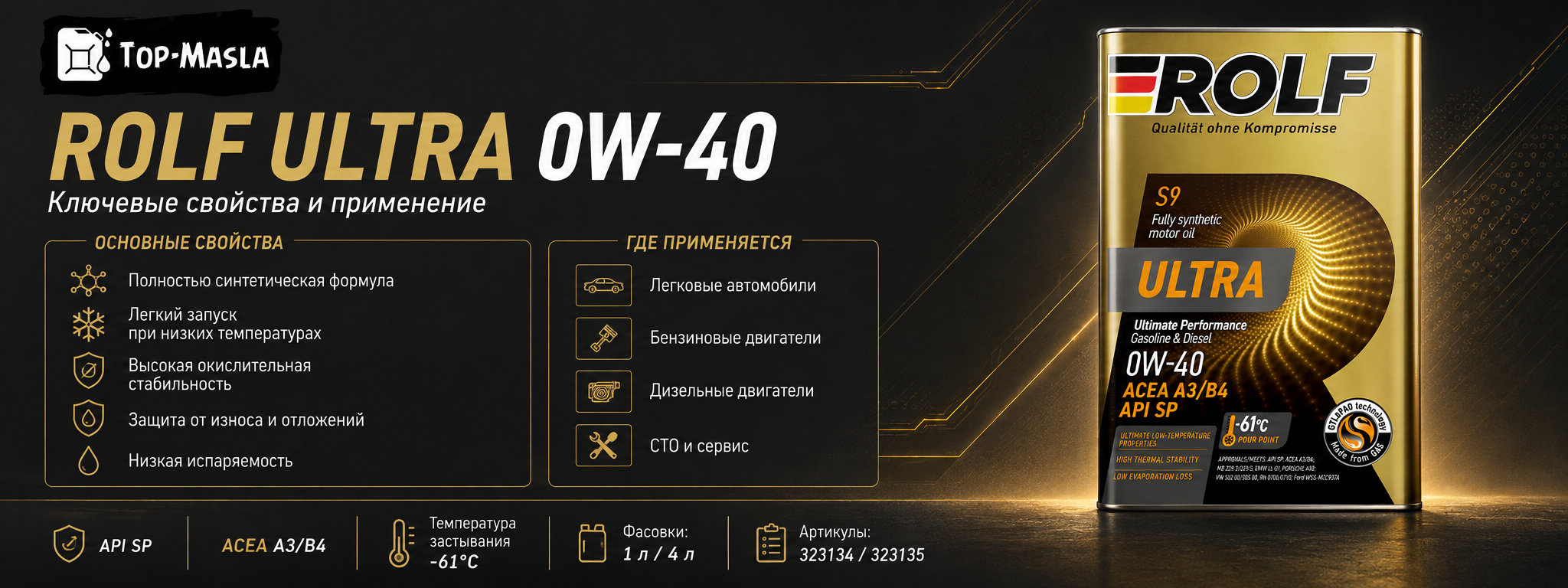 Моторное масло Rolf Ultra 0W-40 A3/B4 SP характеристики и применение