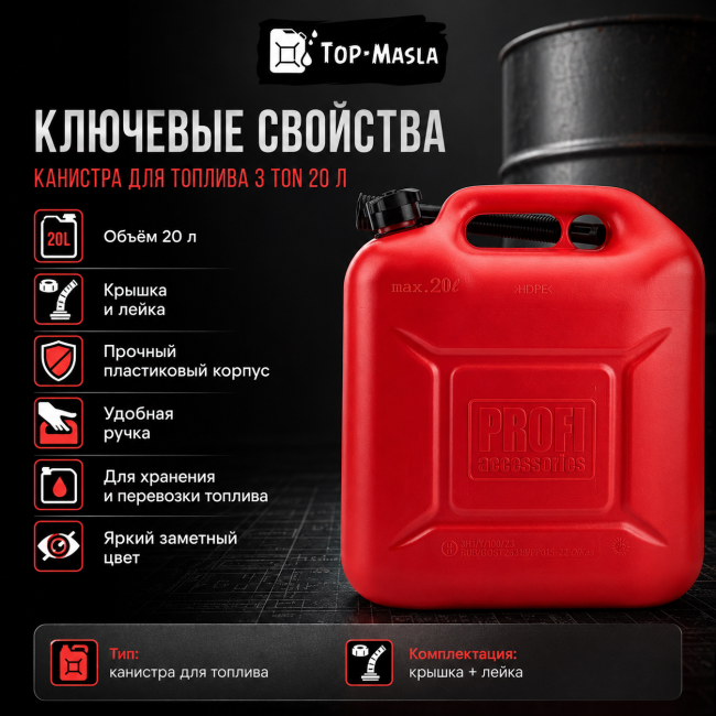 Канистра для топлива с крышкой и лейкой 3-TON 20л Канистра для топлива с крышкой и лейкой 3-TON 20л